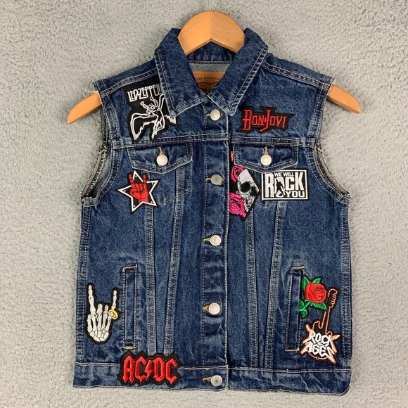 Levi's Jackets & Blazers - Levi's Trucker Vest Women's XXS Blue Hellfire Club Denim Punk Rock Band Patches